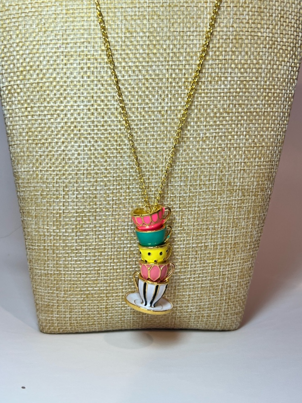 NEW stacklabe Tea cup Alloy Gold Tone Multicolor Sweater Necklace 23”
